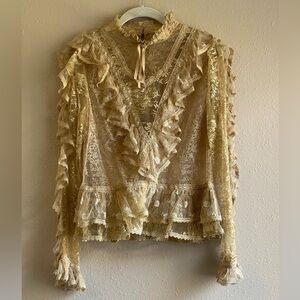 EUC Ulla Johnson Yves Metallic Gold Floral French Antique Lace Blouse 6